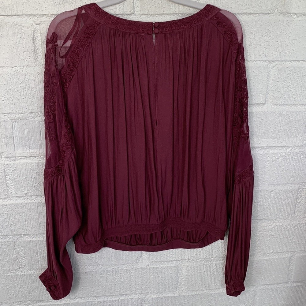 Free People Embroidered Wine Sheer Long Sleeve Blouse size Small - Picture 10 of 11